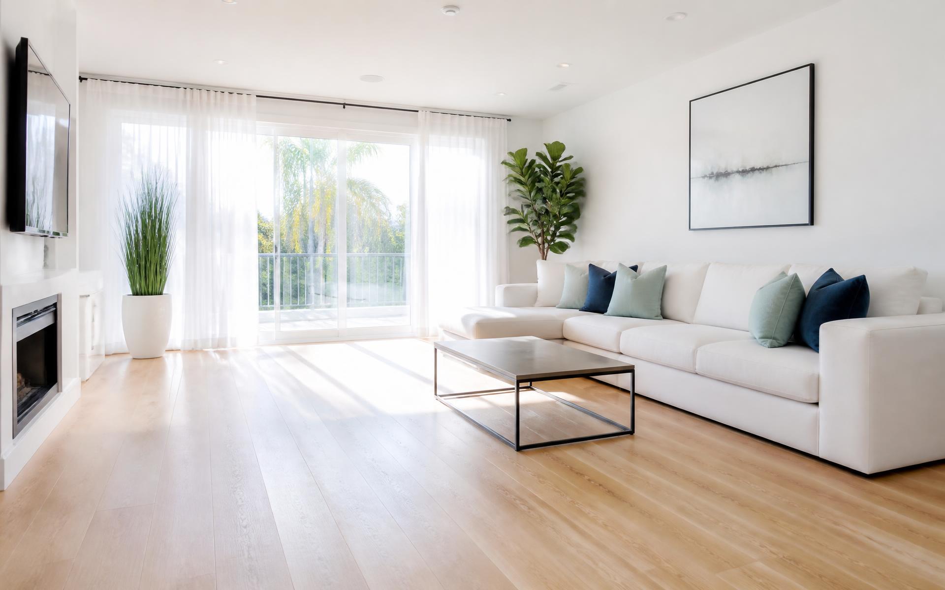 A bright, freshly cleaned living room with white sofas and mint green accents